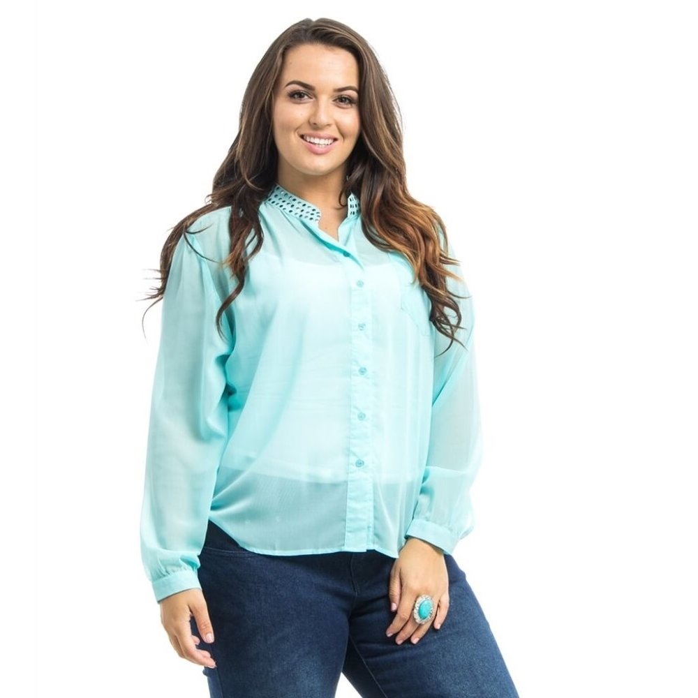 Roman Ladies Button-Down-Shirt Sheer Chiffon Plus Size 1X